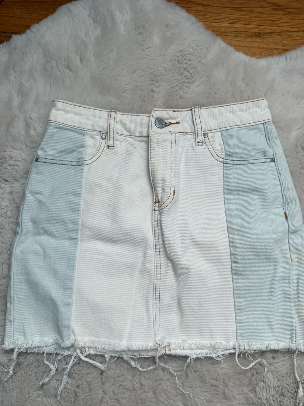Two-Tone White and Light Blue Denim Mini Skirt